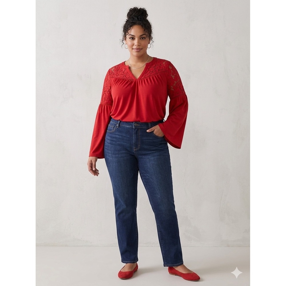 Lane Bryant Embroidered Red Flutter‎ Sleeve Long Sleeve- Size 14-16